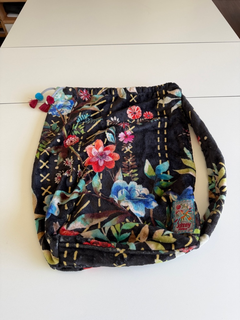 Johnny Was Black Floral Drawstring Shoulder Bag